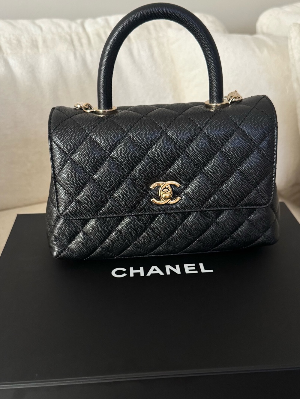 CHANEL Black Quilted Top Handle Satchel with Gold Hardware